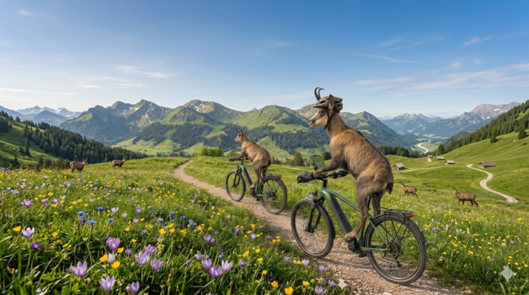 Zwei Gämse auf E-Bikes